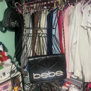 bebe Black Quilted Crossbody with Crystal Logo and Gold Chain